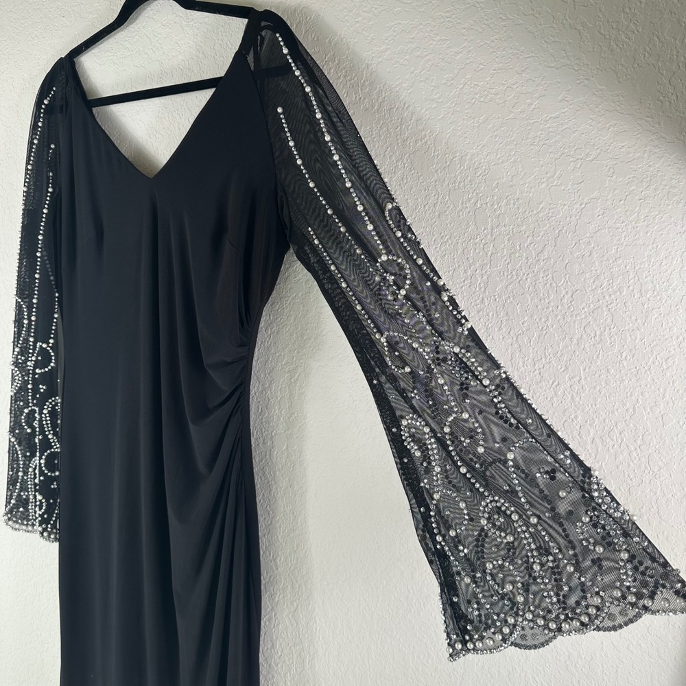 Vtg Cachet Gown Women 14 Black Beaded Mesh Sleeve Formal Evening Dress Goth Glam